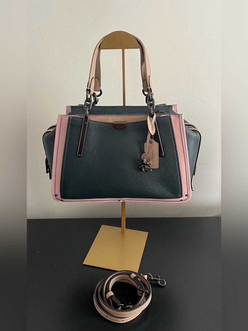 Coach Dreamer Pebbled Leather Satchel in Pine Green, Pink and Beige - Picture 2 of 10
